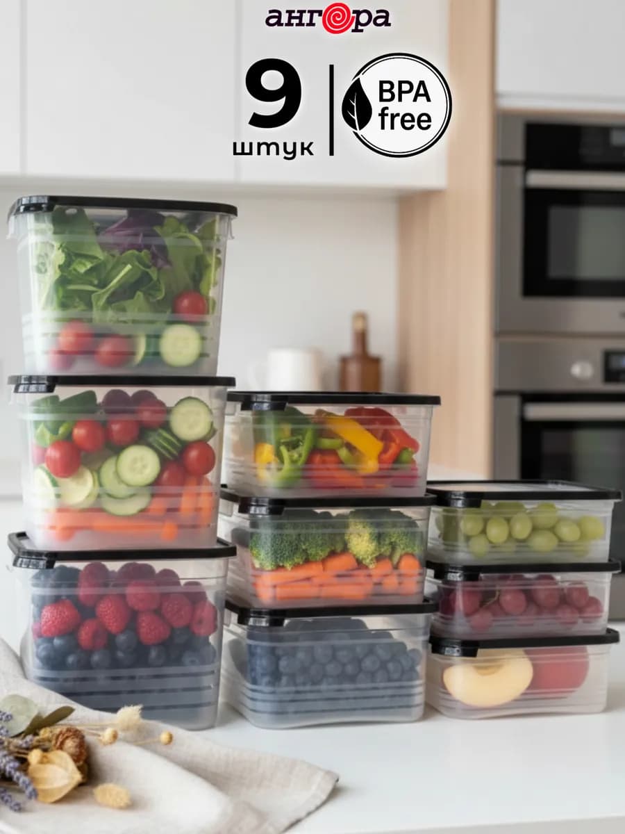 Контейнер для хранения с крышкой пластиковый кухонный, 9 шт