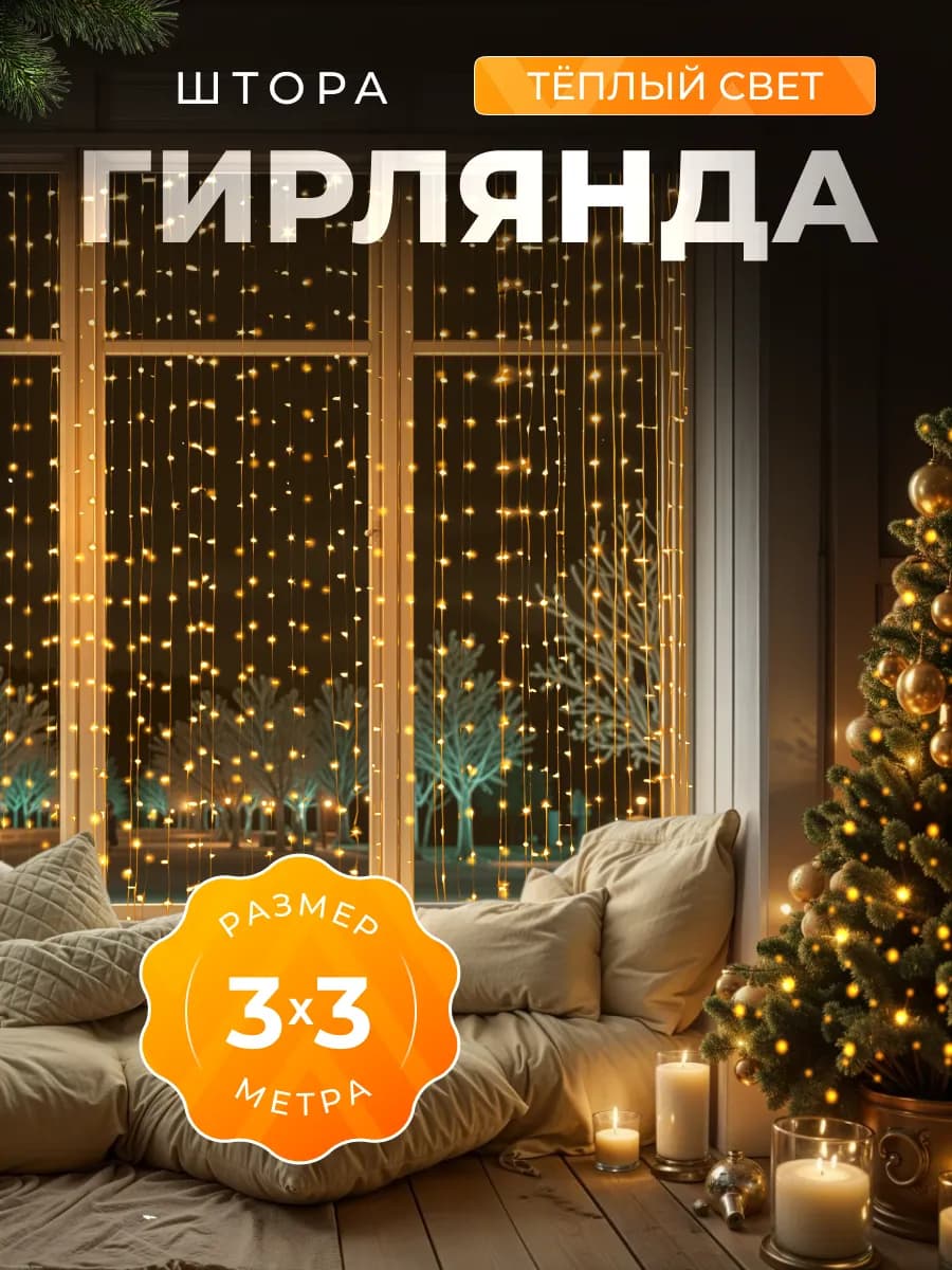 Гирлянда интерьерная новогодняя штора на окно 3х3
