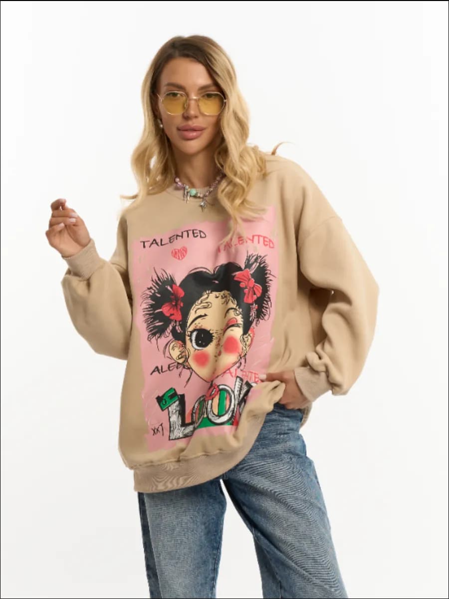 Свитшот оверсайз без начеса удлиненный с принтом модный