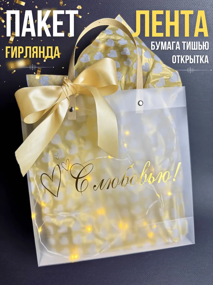 Праздничный пакет подарочный маленький с гирляндой