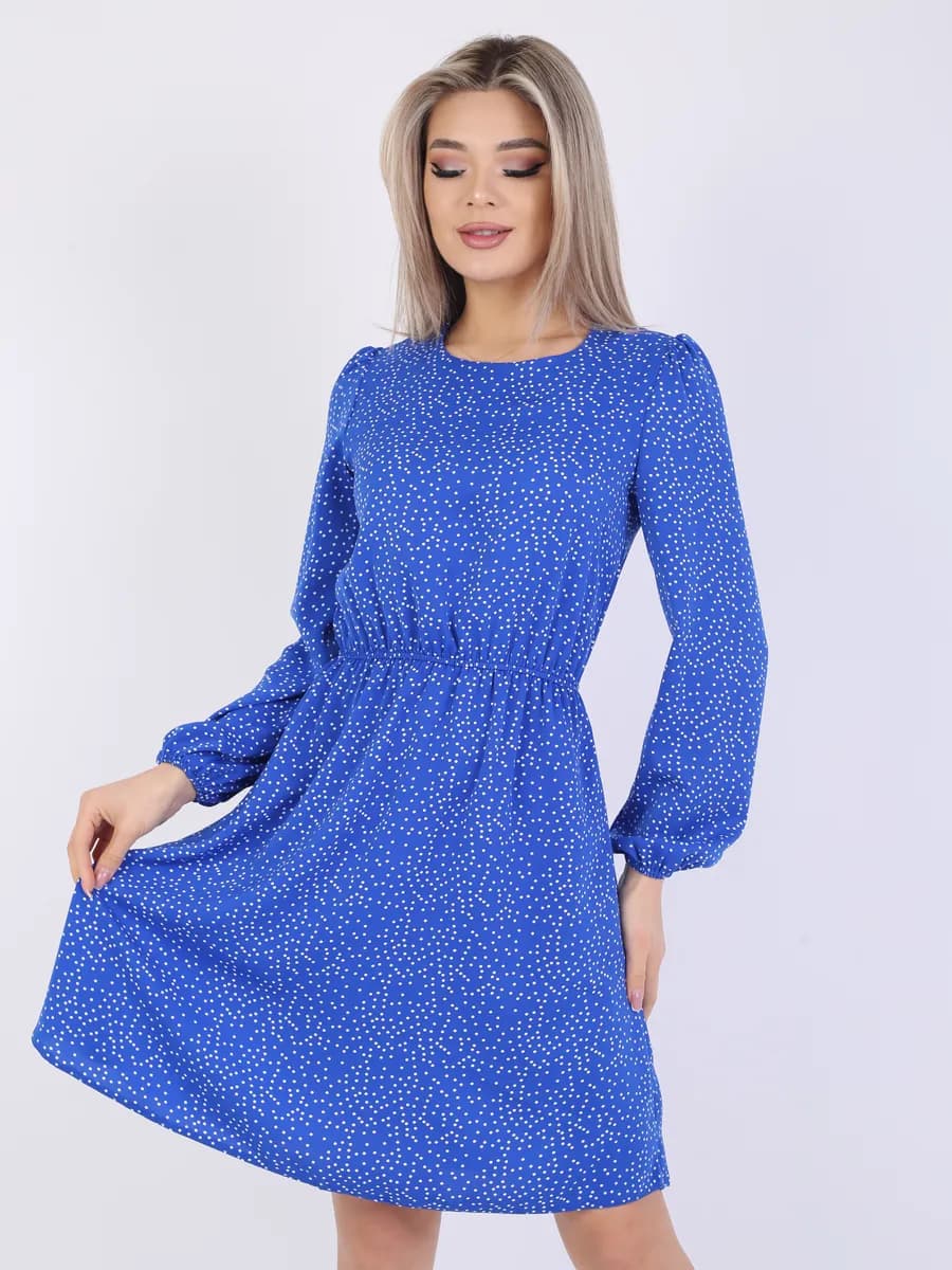 Синий электро платье повседневная в горошек