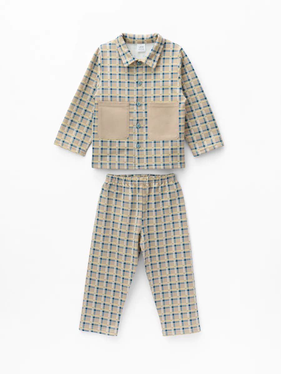 Пижама для мальчика теплая со штанами в клетку