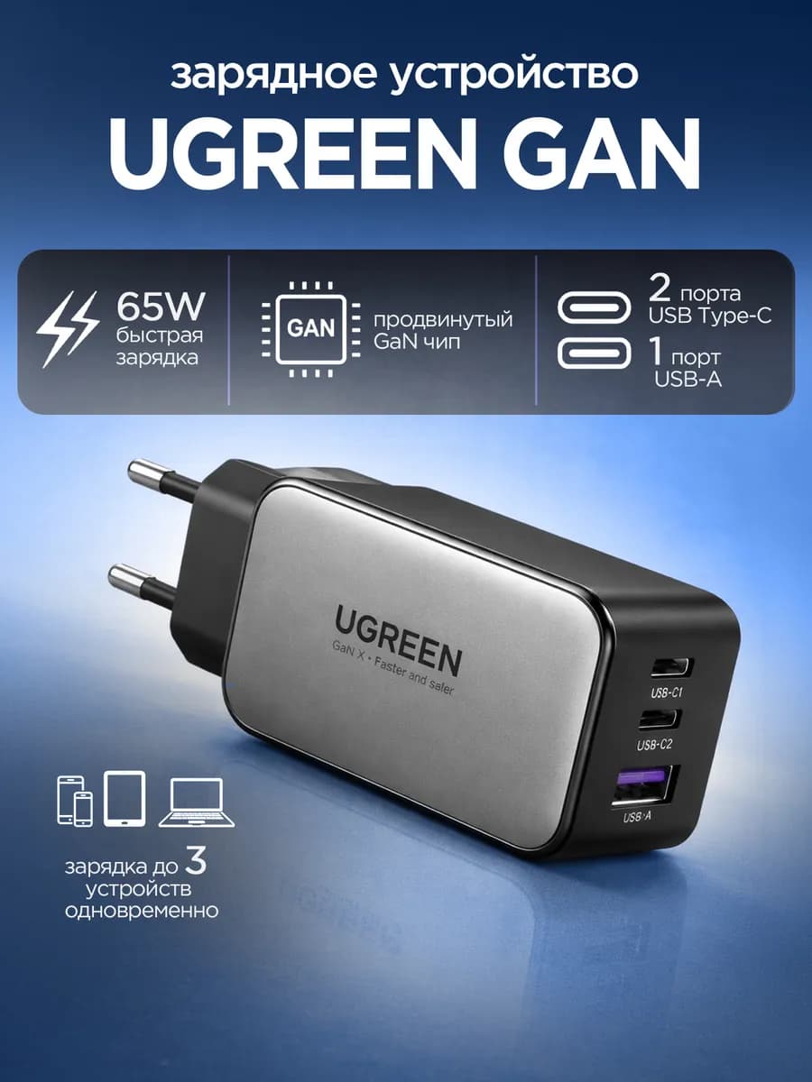 Зарядное устройство GaN 65W для ноутбуков и смартфонов