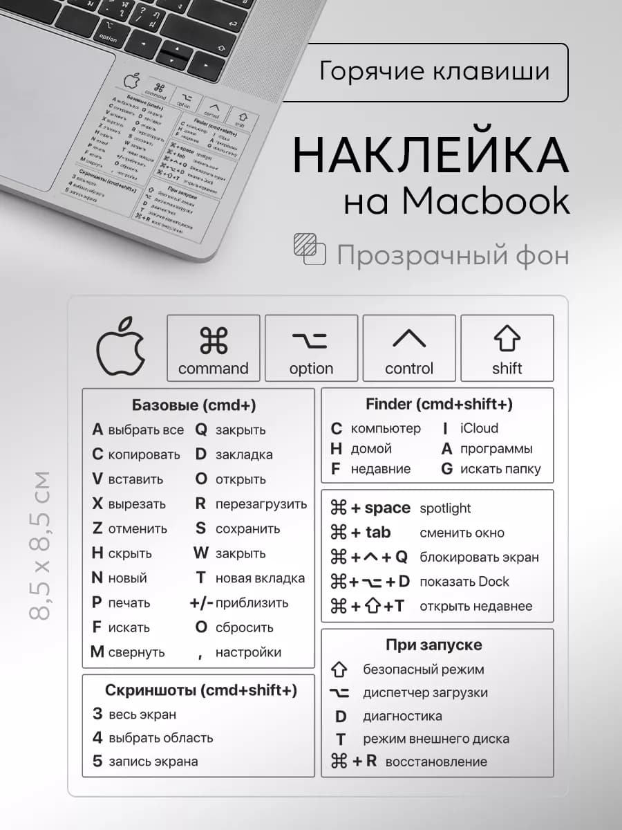 Шпаргалка наклейка на ноутбук горячие клавиши Mac-OS