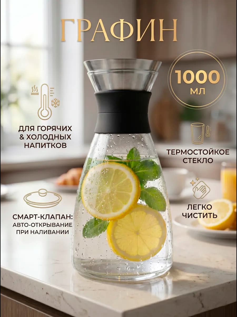 Графин для воды стекло 1 л кувшин с крышкой для лимонада