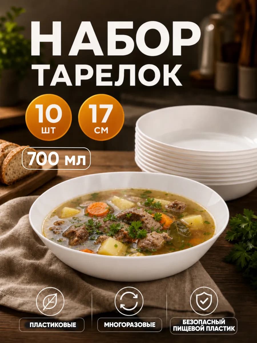 Тарелки пластиковые глубокие многоразовые 10шт