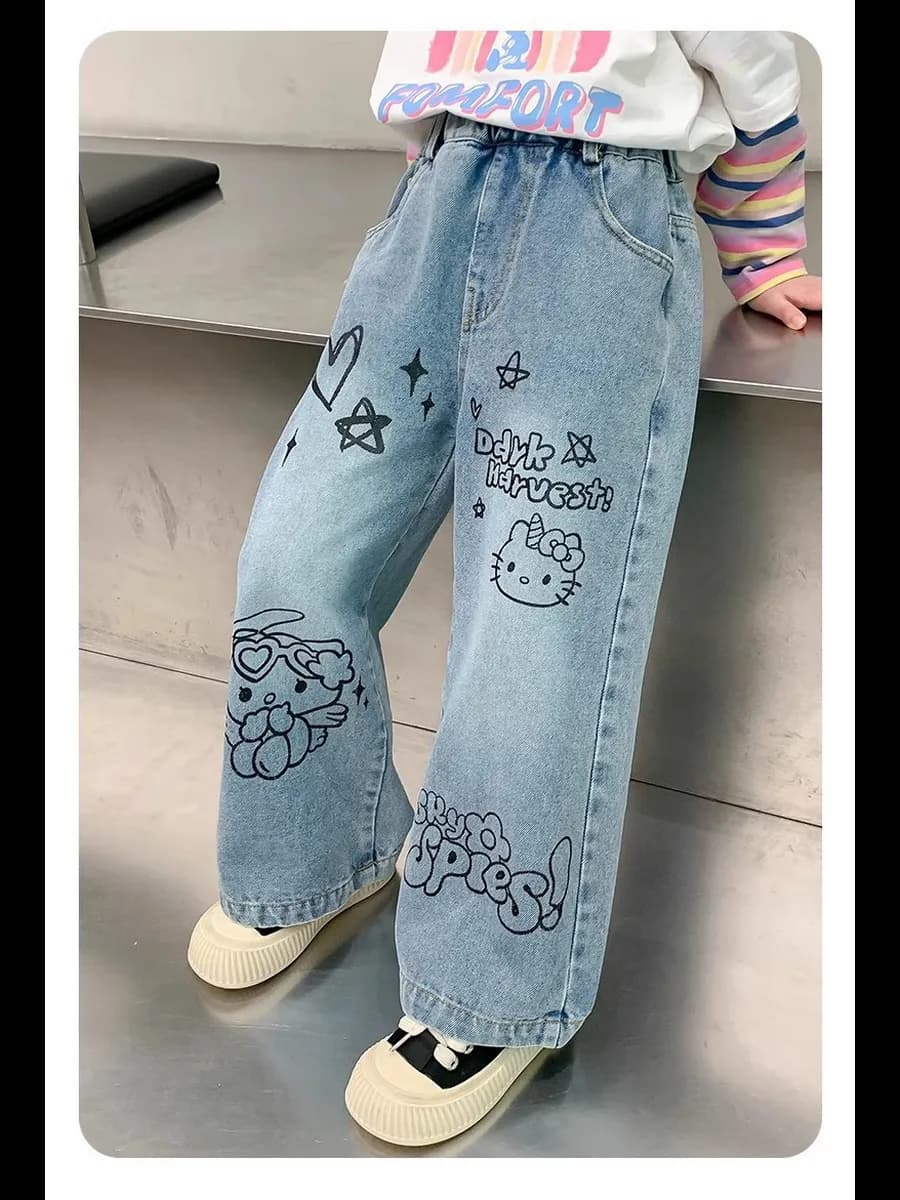 Джинсы для девочки на резинке прямые широкие клеш Китти