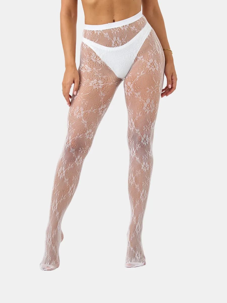 Белые кружевные капроновые колготки сетка с рисунком