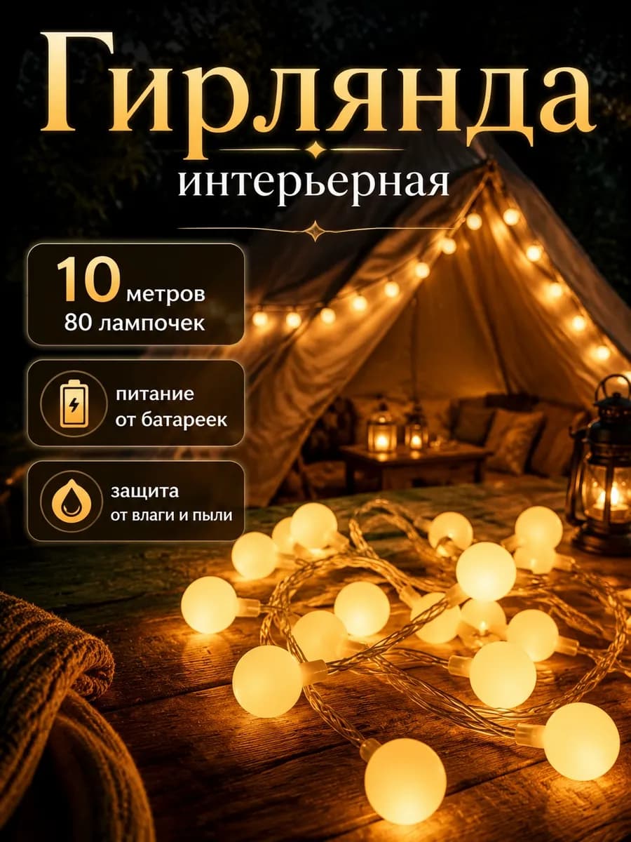Гирлянда уличная на батарейках 10 м 80 лампочек
