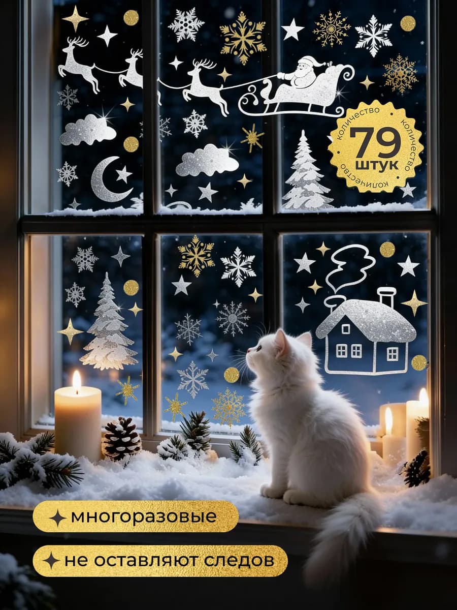 Новогодние наклейки на окна декор для комнаты 2026, 79 шт