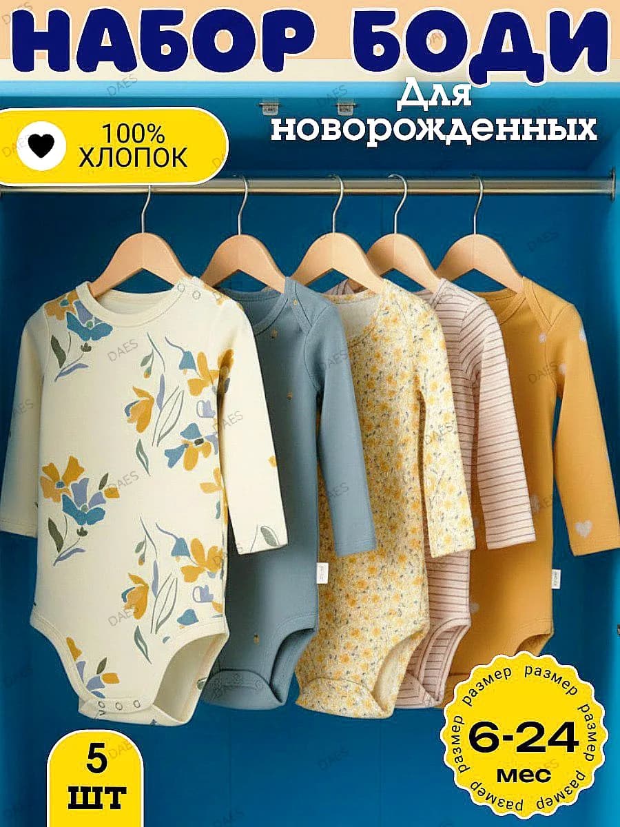 Боди для новорожденных с длинным рукавом 5 штук