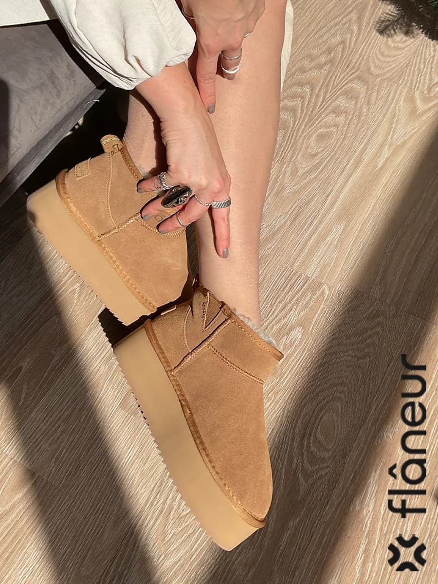 Угги женские зимние короткие натуральные коричневые - фото 1