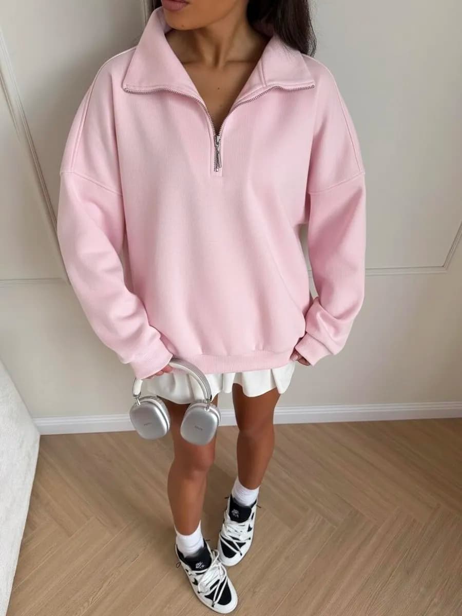 Свитшот оверсайз с начесом на молнии с высоким воротником