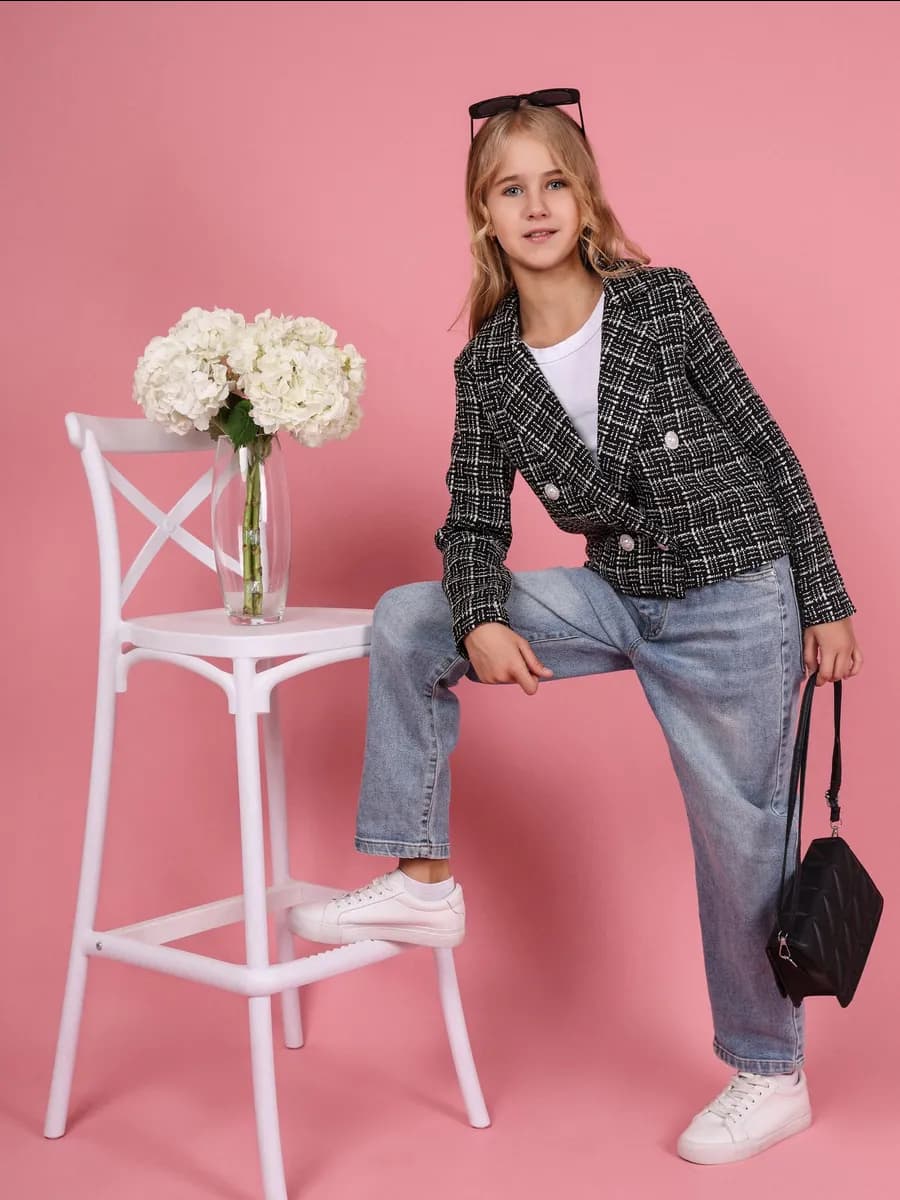 Пиджак жакет твидовый в клетку подростковый