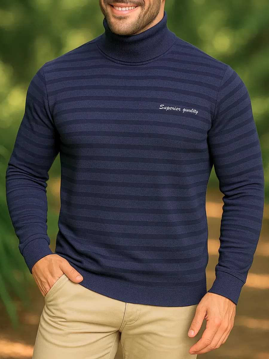 Водолазка джемпер с горлом тонкая гладкая в полоску хлопок - фото 1