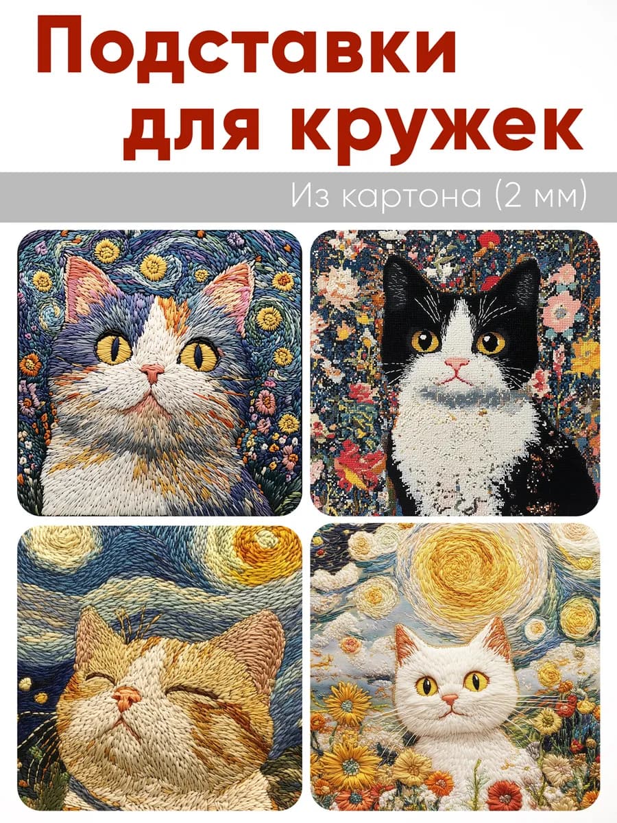 Подставки для кружек Вышитые истории Котики, 4 шт (10 х 10