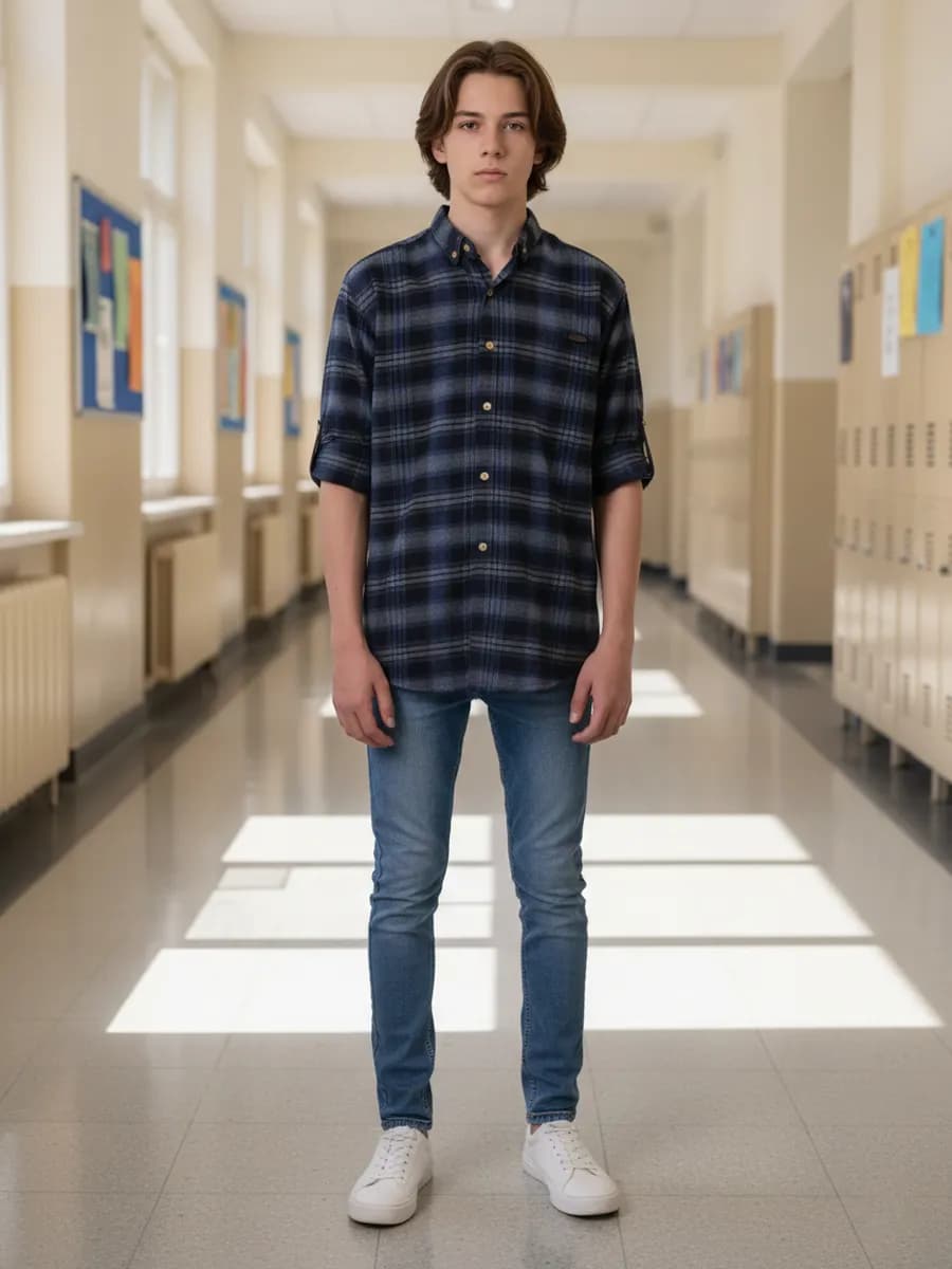 Детская рубашка в клетку с заплатками на локтях