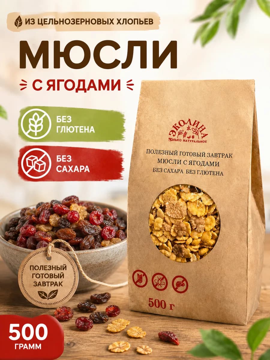 Мюсли с ягодами без глютена и без сахара. 500 г "Эколина"