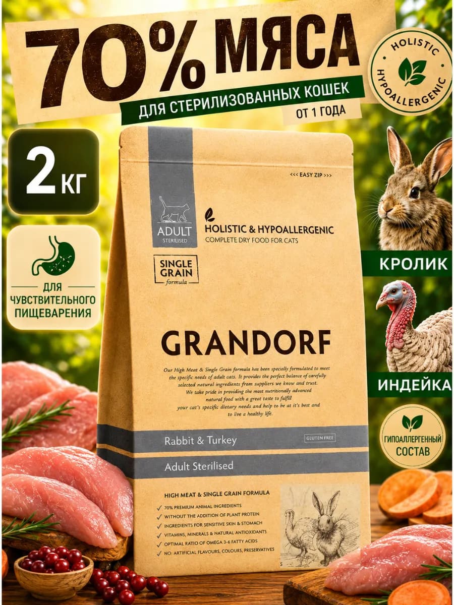 Сухой корм для кошек Кролик с индейкой 2 кг