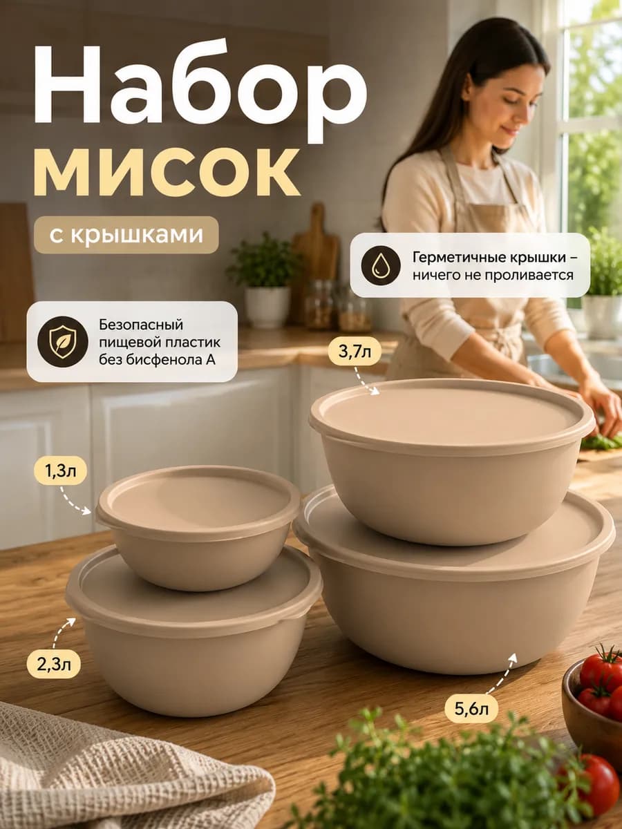 Набор салатников с крышкой миски для кухни пластиковые