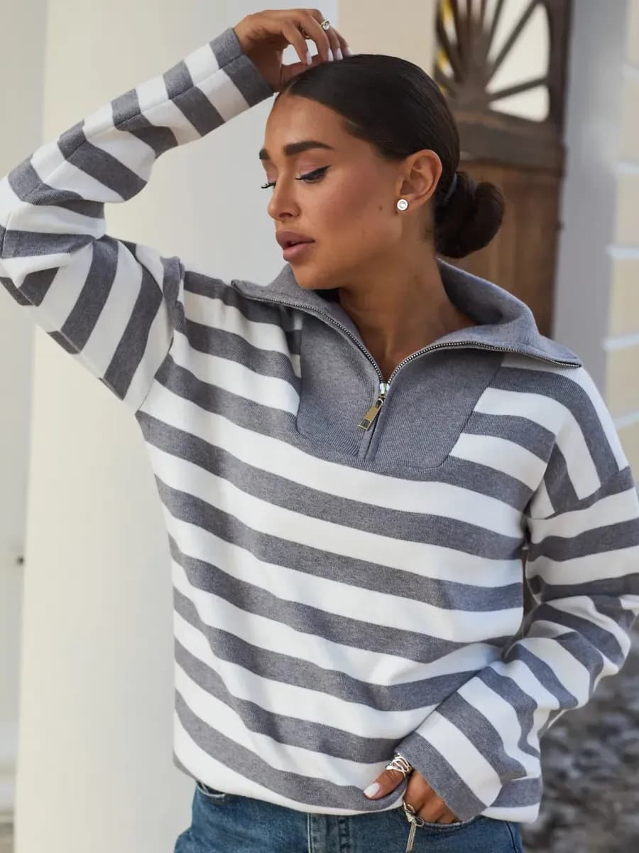 Джемпер кашемировый в полоску оверсайз на молнии вязаный