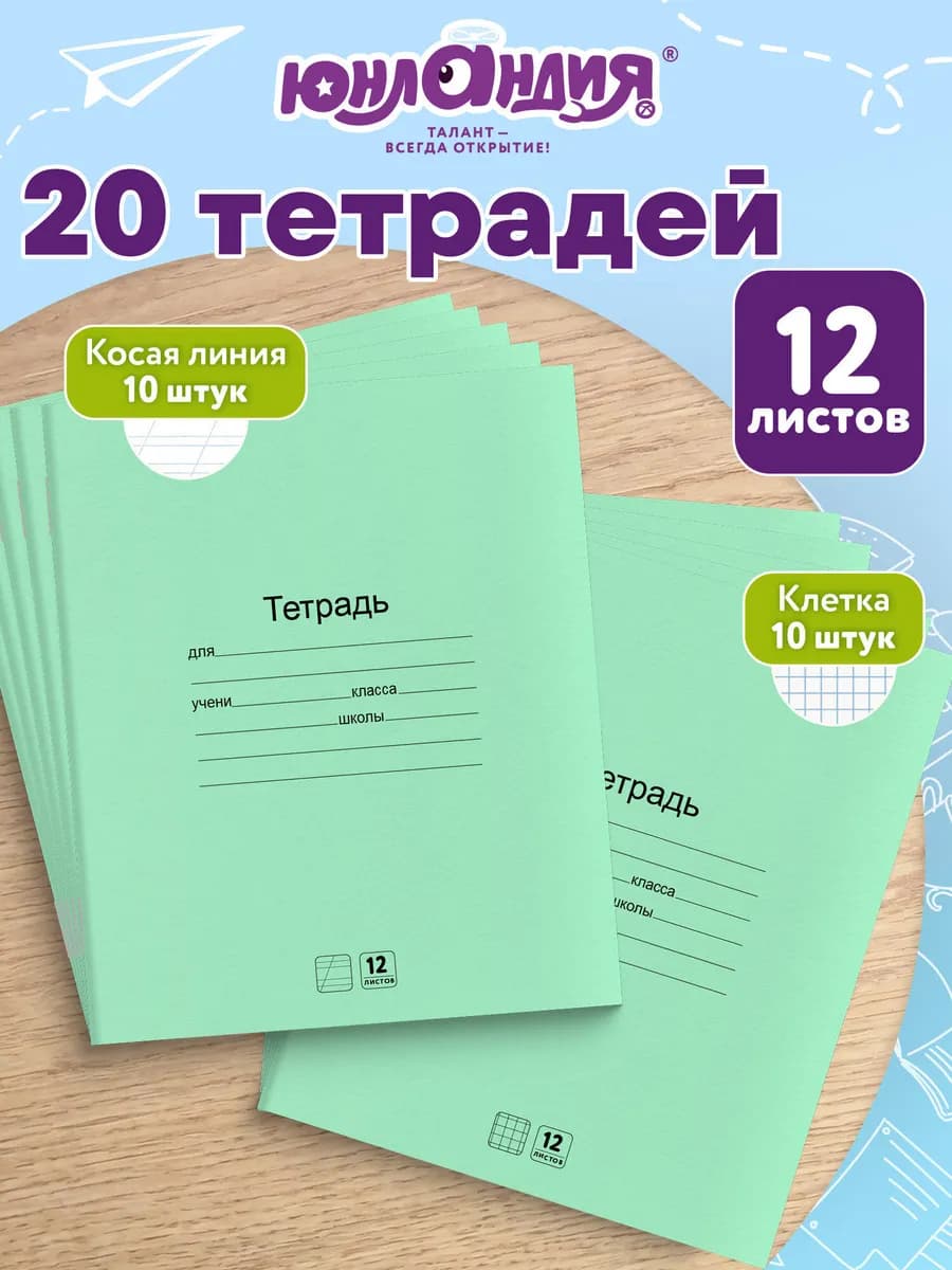 Тетрадь в клетку, в косую линейку 12 л набор 20 шт для школы
