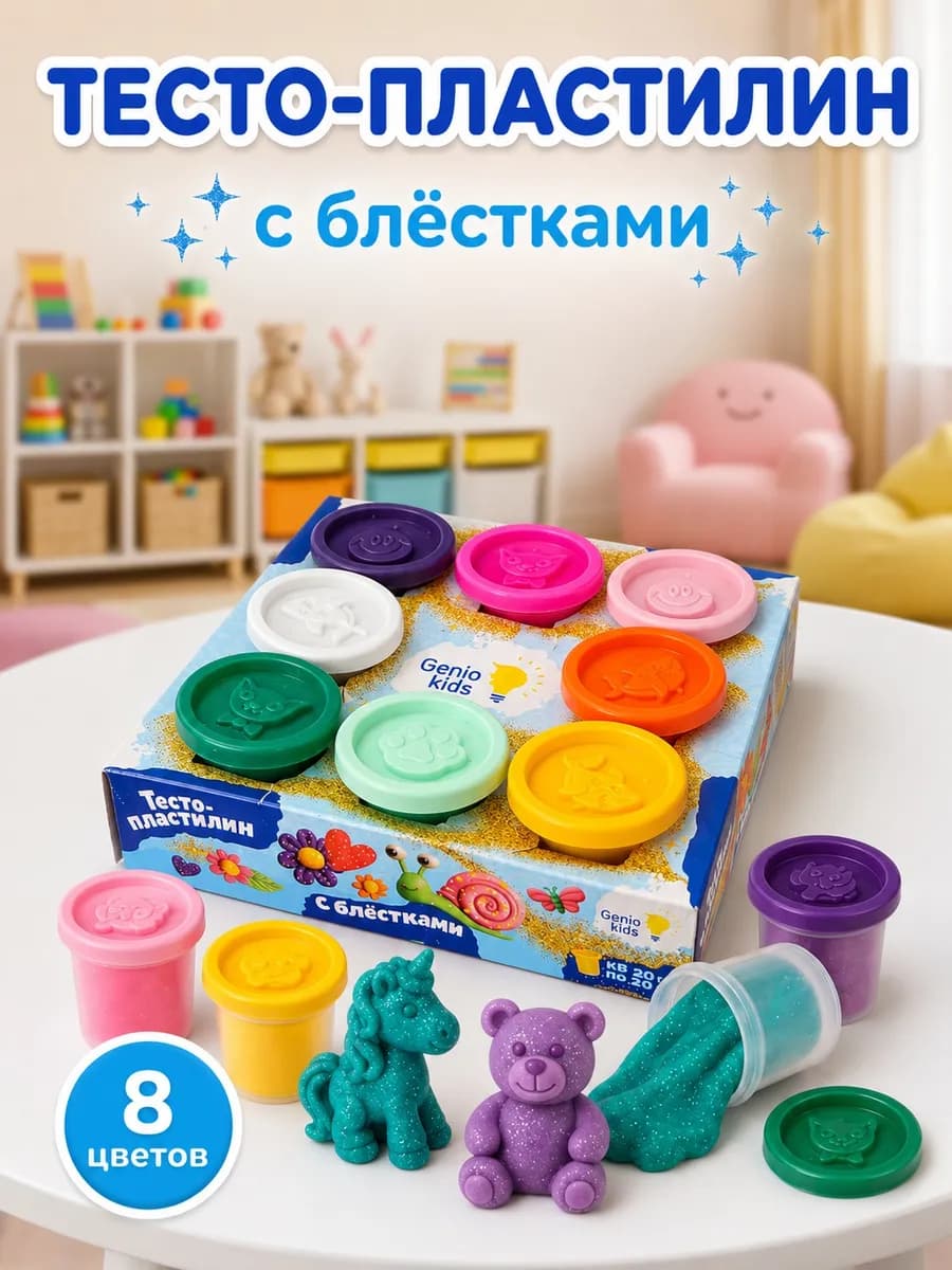 Набор для лепки "Тесто-пластилин с блестками", 8 цветов