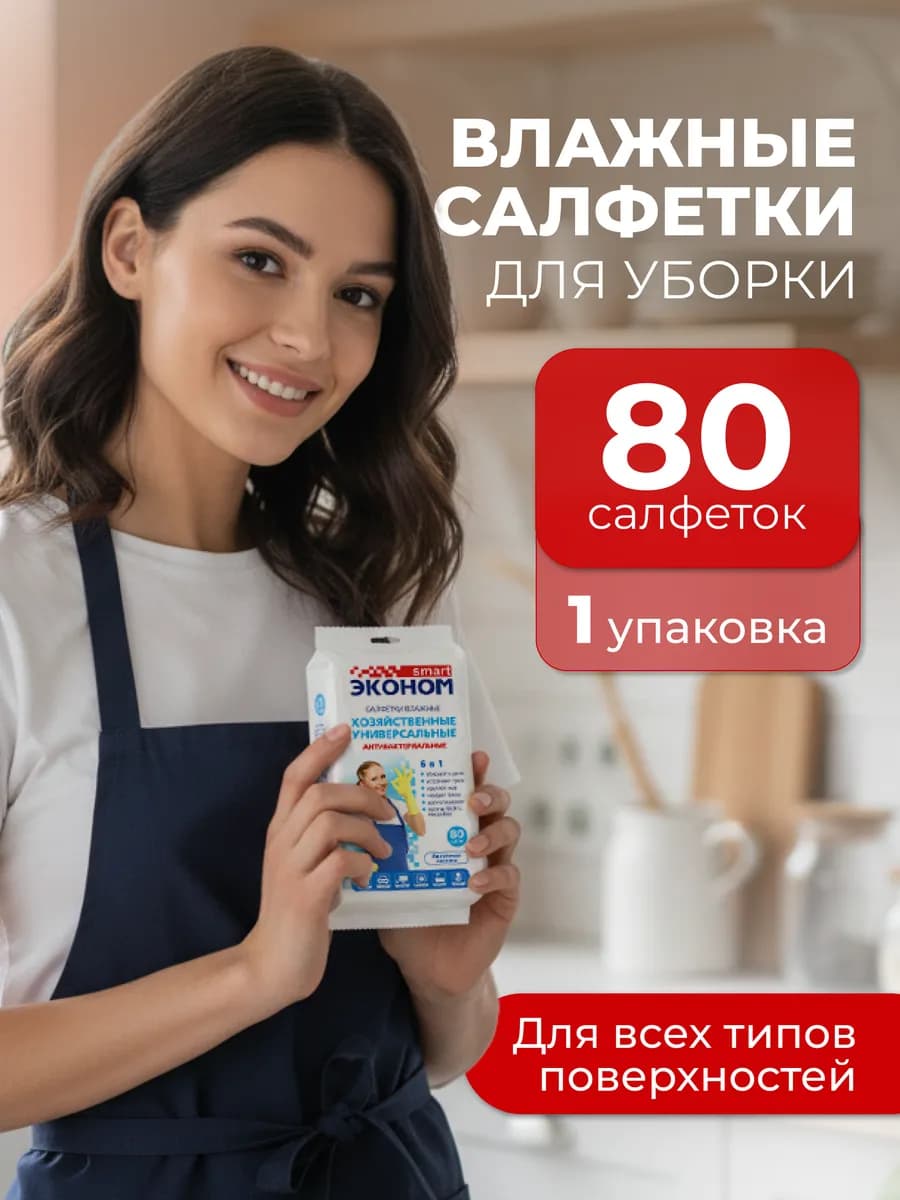 Влажные салфетки для уборки универсальные 80 шт. 1 упаковка