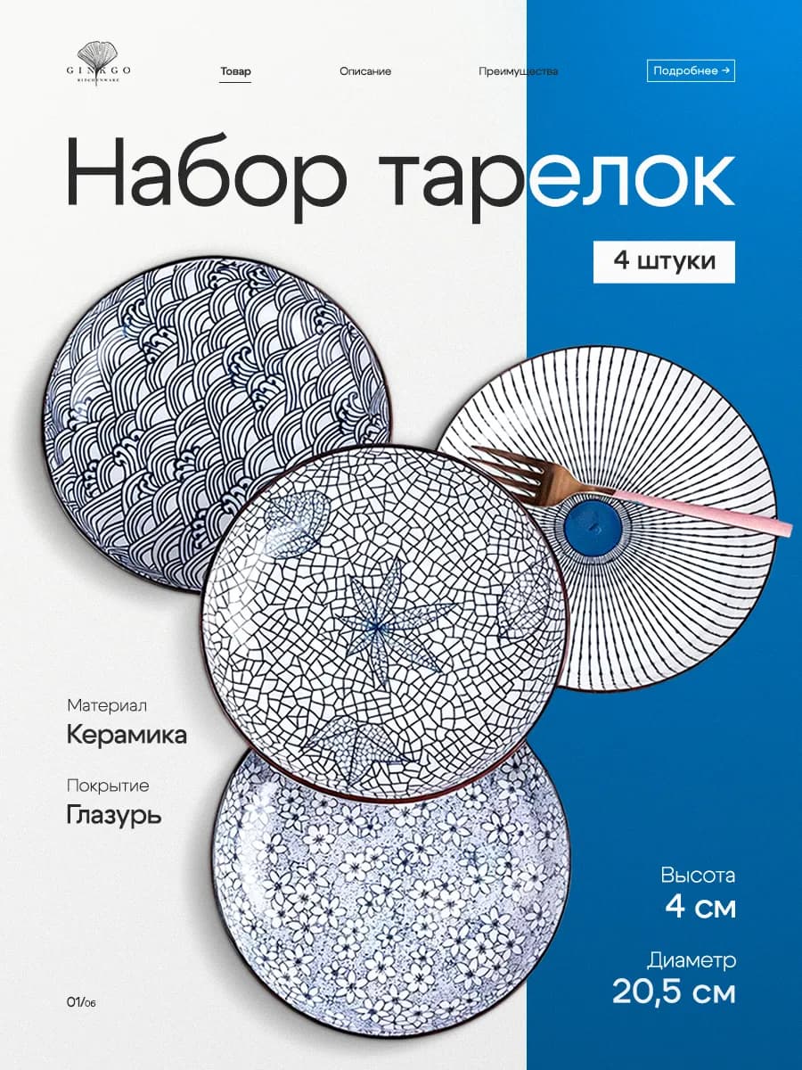 Набор тарелок на 4 персоны плоские с бортиком 20,5 см