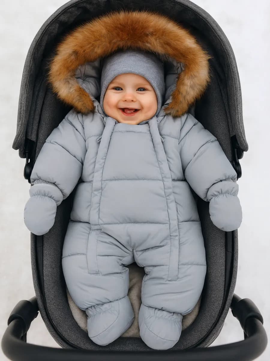 Комбинезон зимний для новорожденных с мехом серый