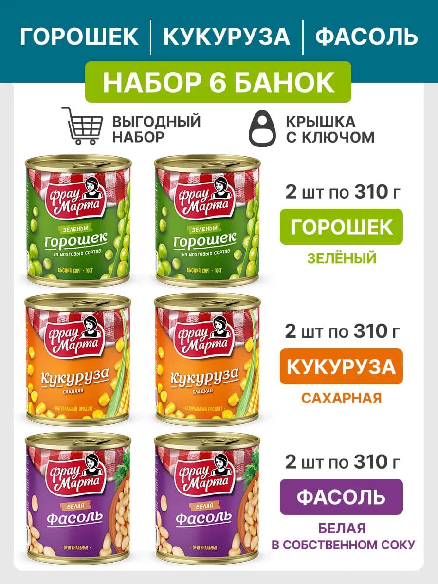 Зеленый горошек, кукуруза, фасоль белая в собственном соку