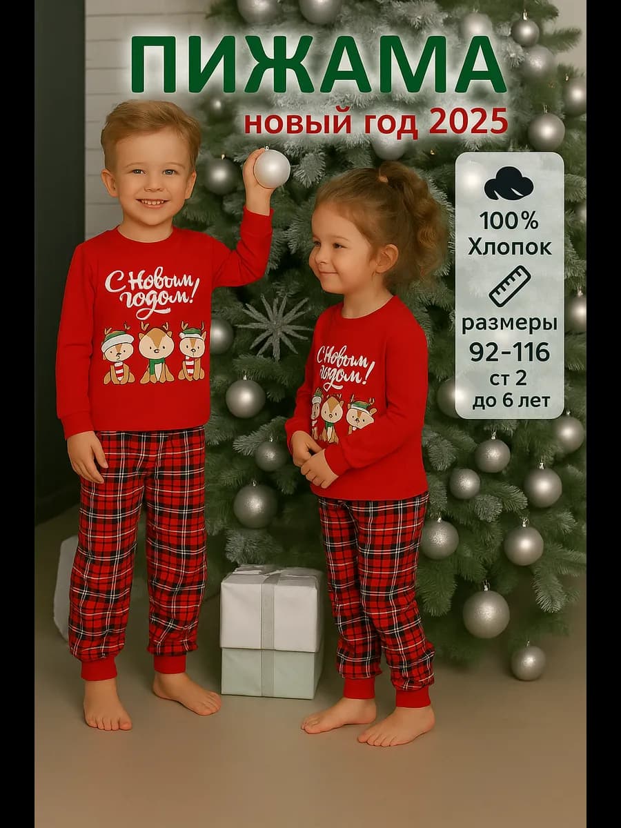 Пижама детская новогодняя со штанами хлопок