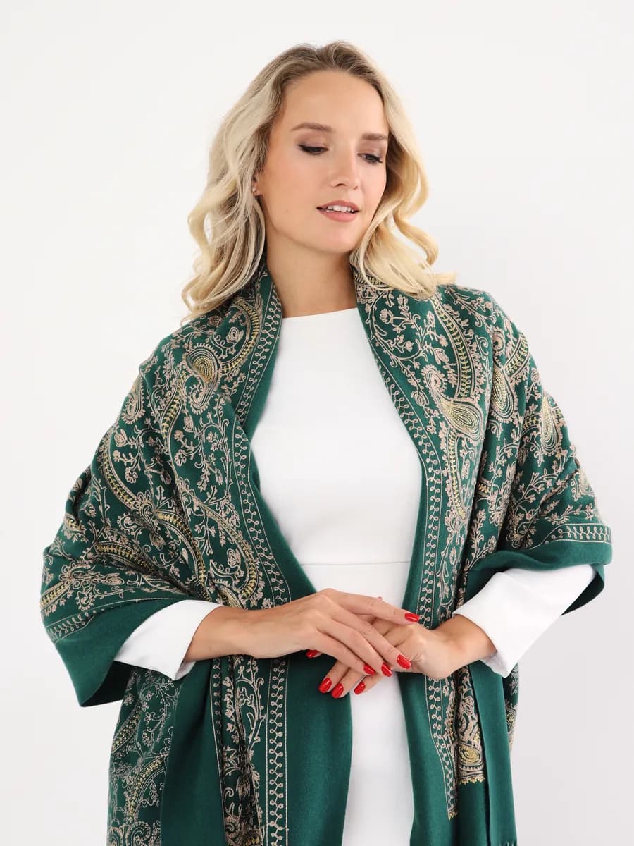 Шаль изумруд с золотой вышивкой 2 стороны Подарок женщине