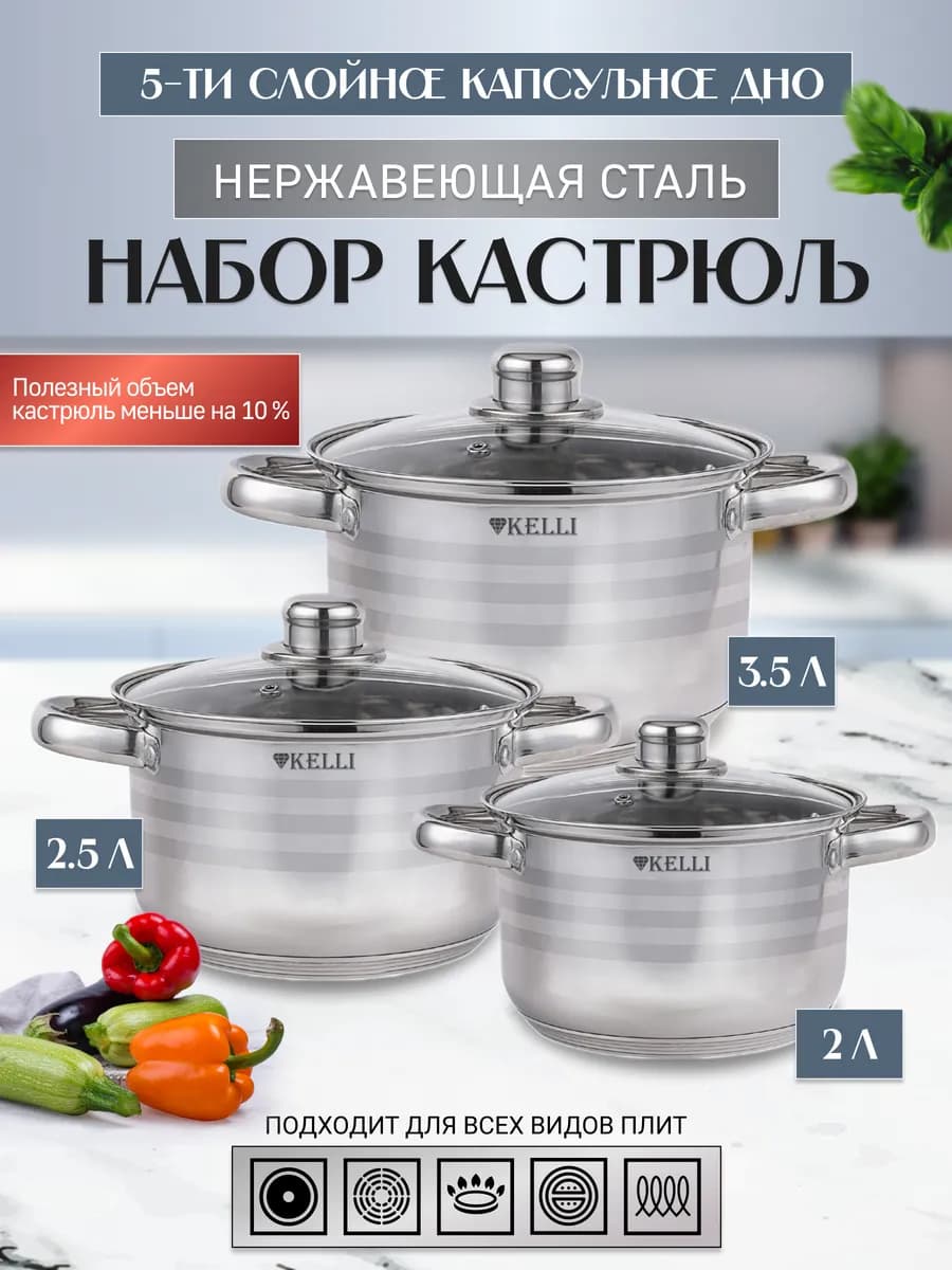 Набор кастрюль из нержавеющей стали с крышками, 3 шт