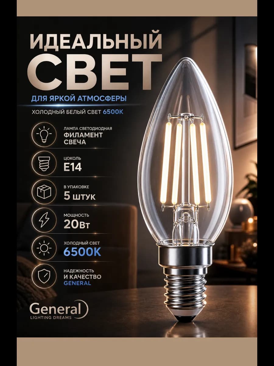 Светодиодная лампочка E14 20Вт 6500К холодный свет свеча