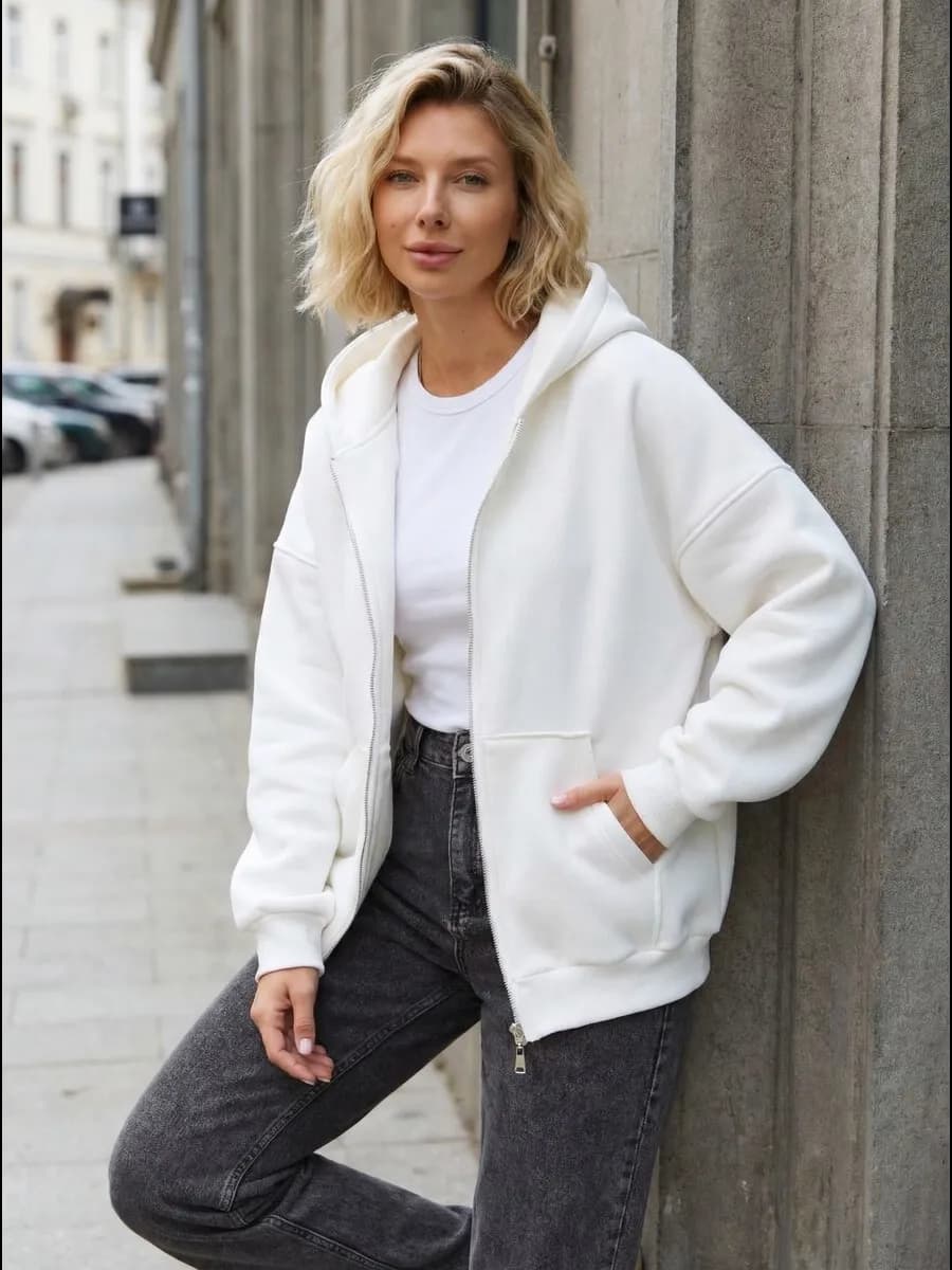 Зип худи белое на молнии с капюшоном с начесом