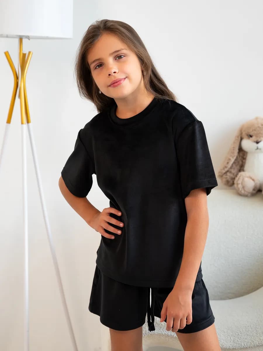 Костюм велюровый пижама с шортами и футболкой домашняя - фото 1