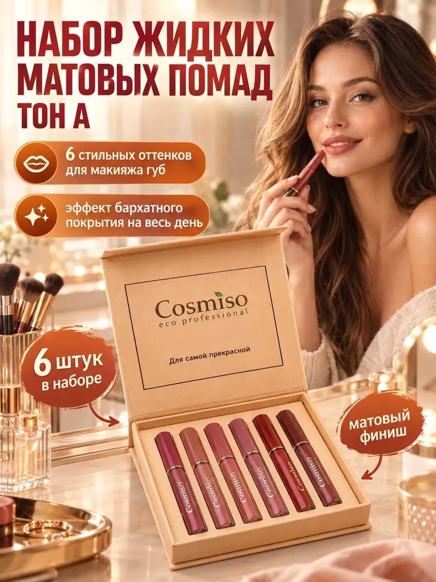 Набор жидких матовых помад и блесков для губ 6 шт