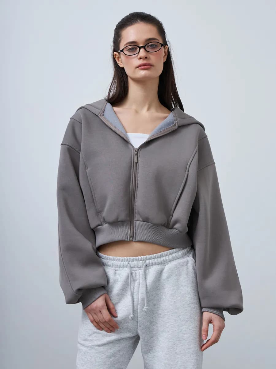 Толстовка на молнии укороченная с начесом - фото 1