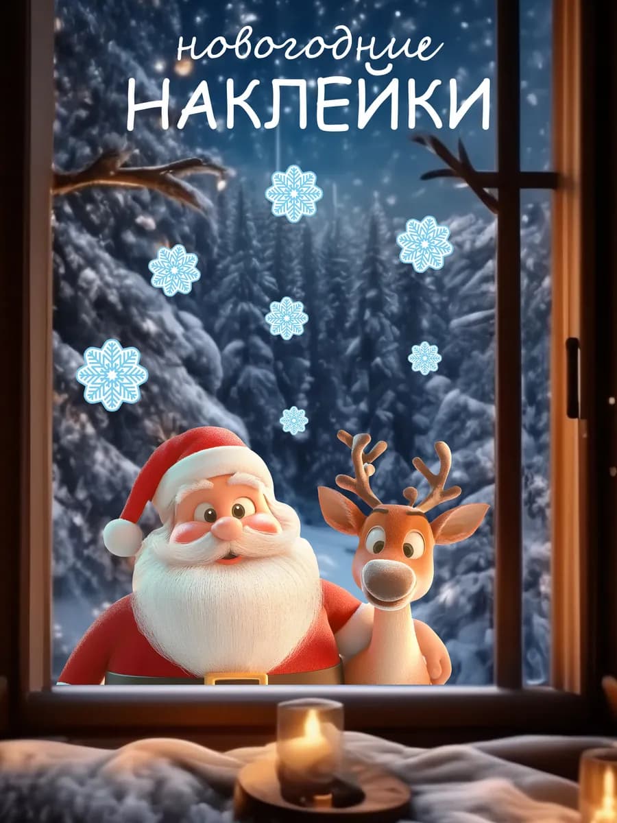 Новогодние наклейки на окна 2026 Дед мороз и Олень