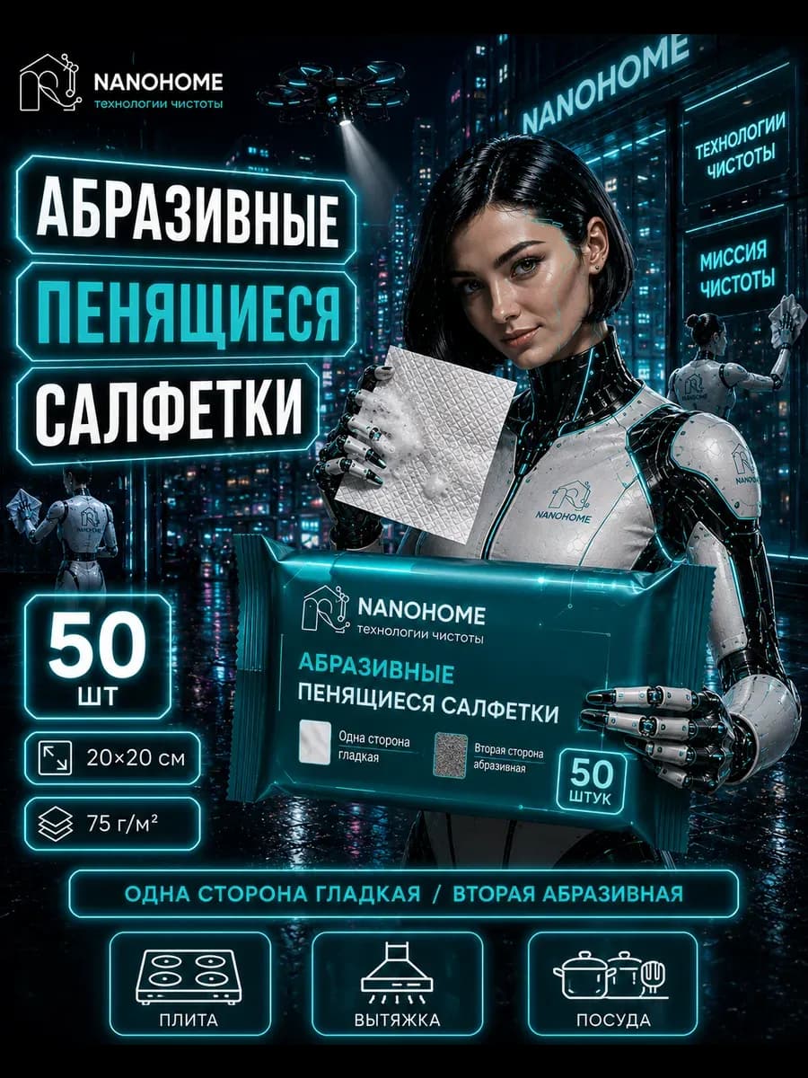 Салфетки для уборки пенящиеся, 50 шт