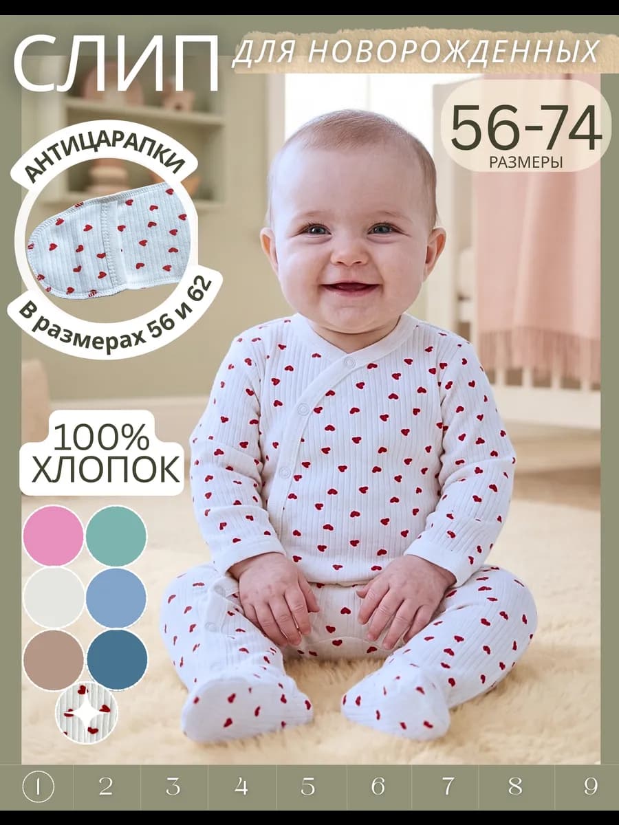 Слип для новорожденных на лето на кнопках хлопковый нарядный