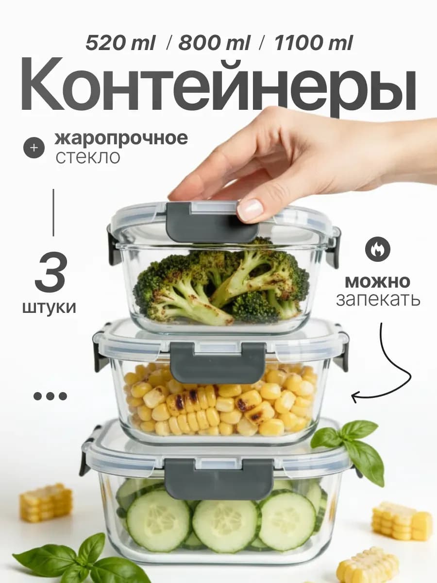 Стеклянные контейнеры с крышкой, набор 3 шт
