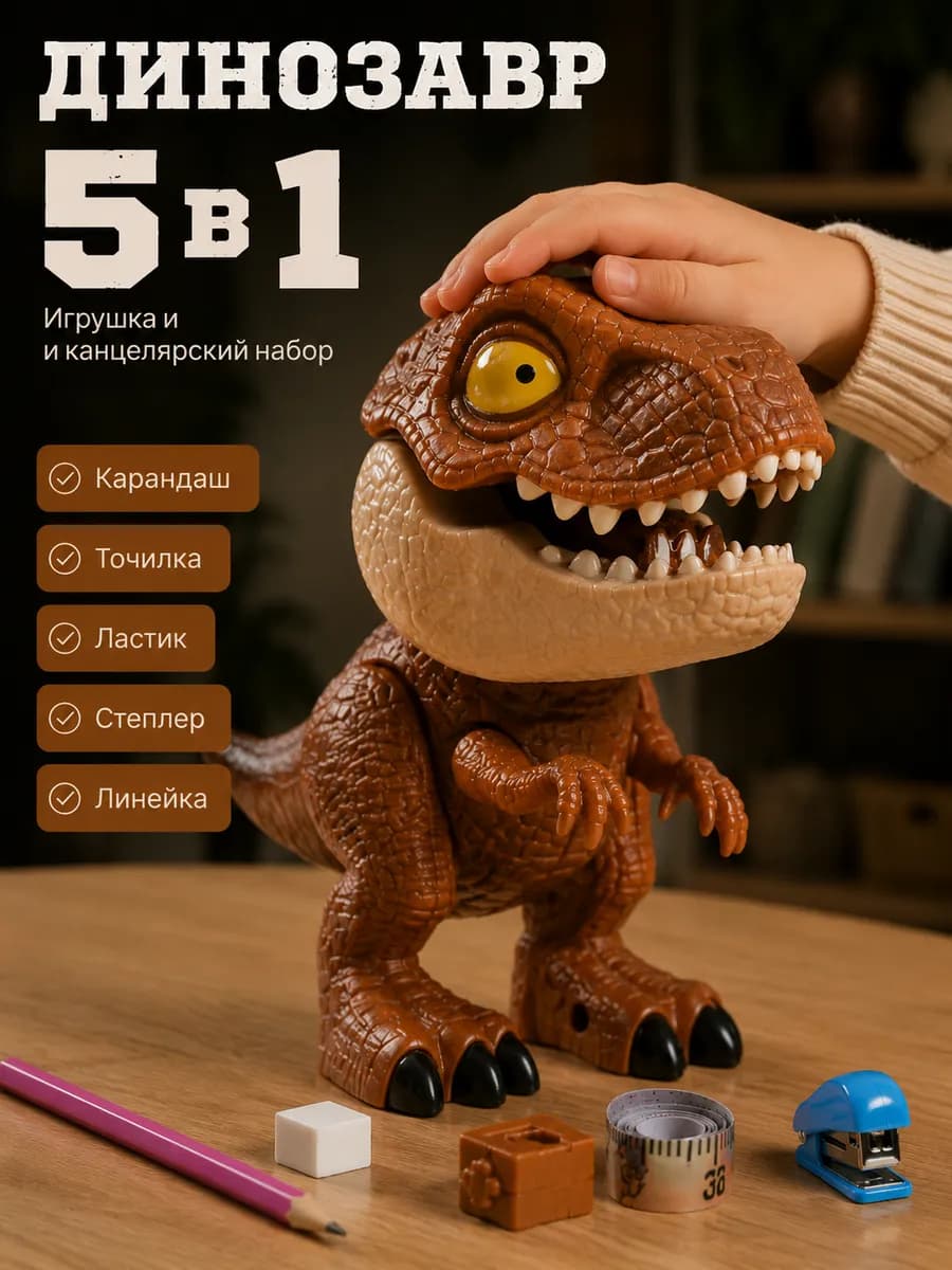 Пенал игрушка динозавр канцелярский набор 5 в 1 школьный