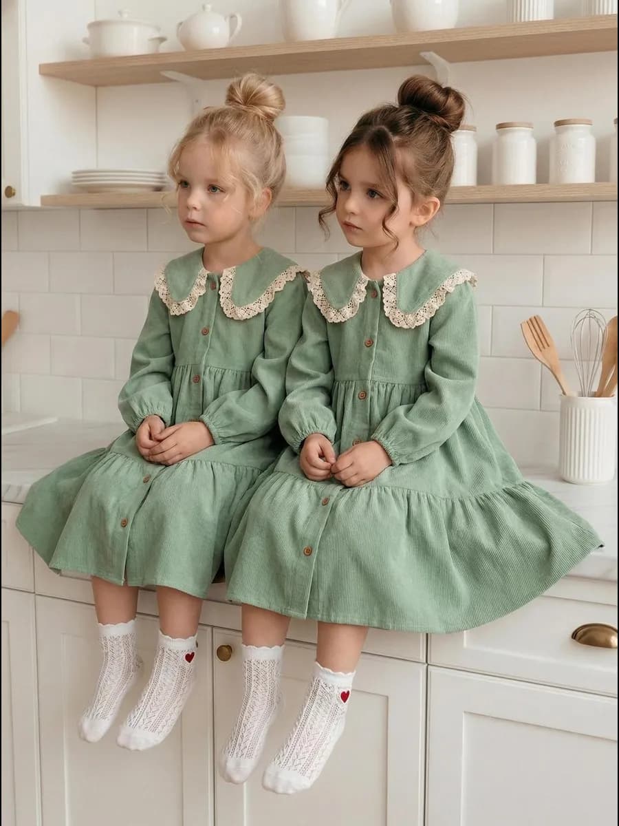 Платье вельветовое с рукавом и воротником - фото 1