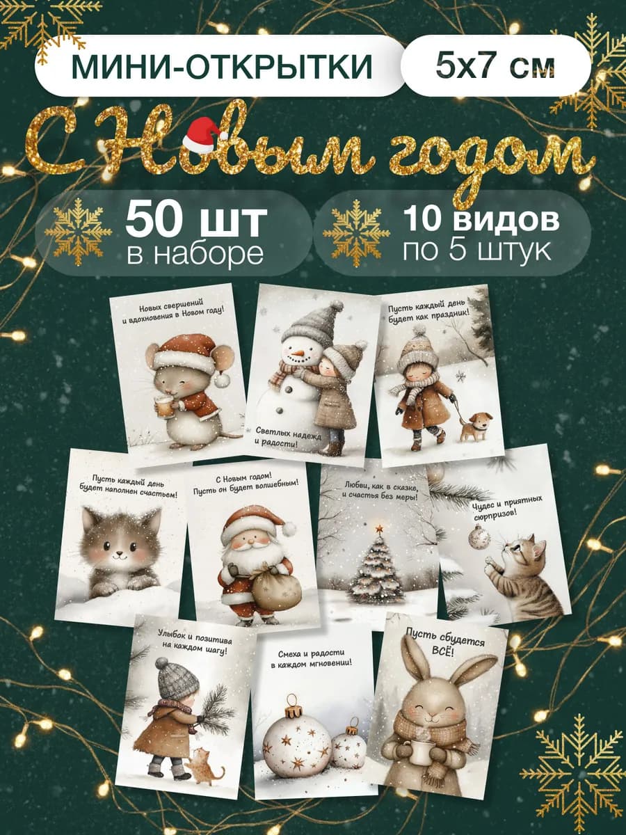 Набор мини открыток на новый год, новогодние открытки 50 шт