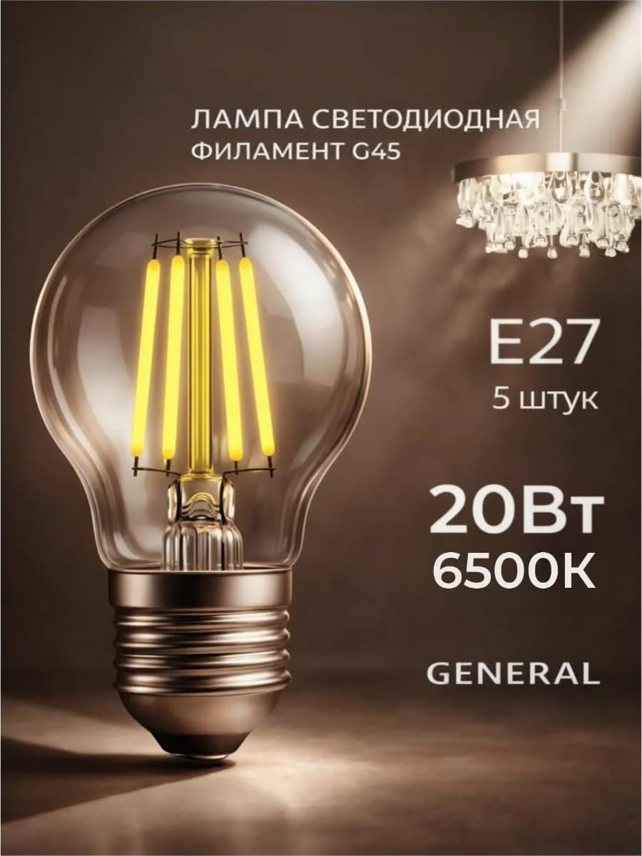 Светодиодная лампочка E27 20 Вт 6500К холодный свет филамент