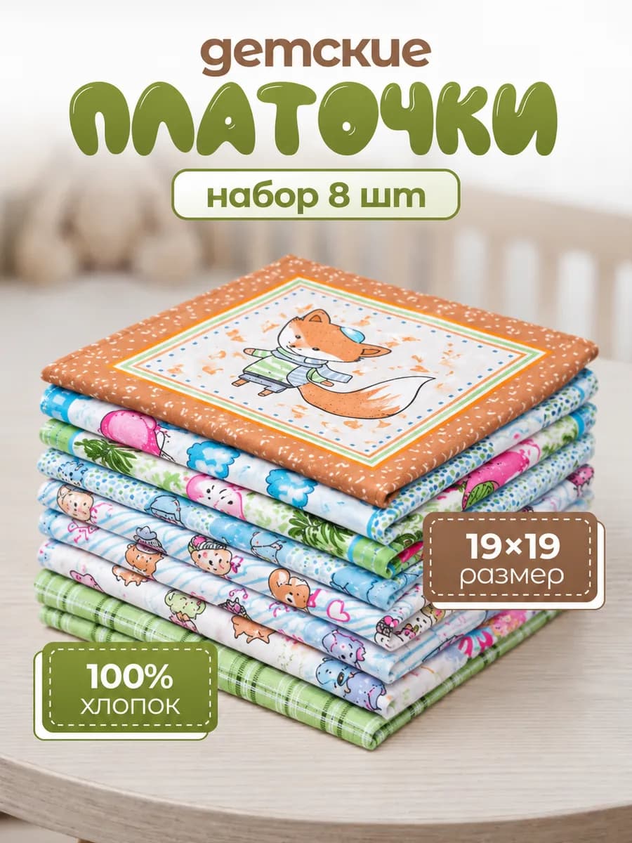 Носовые платки из хлопка детские набор 8 шт