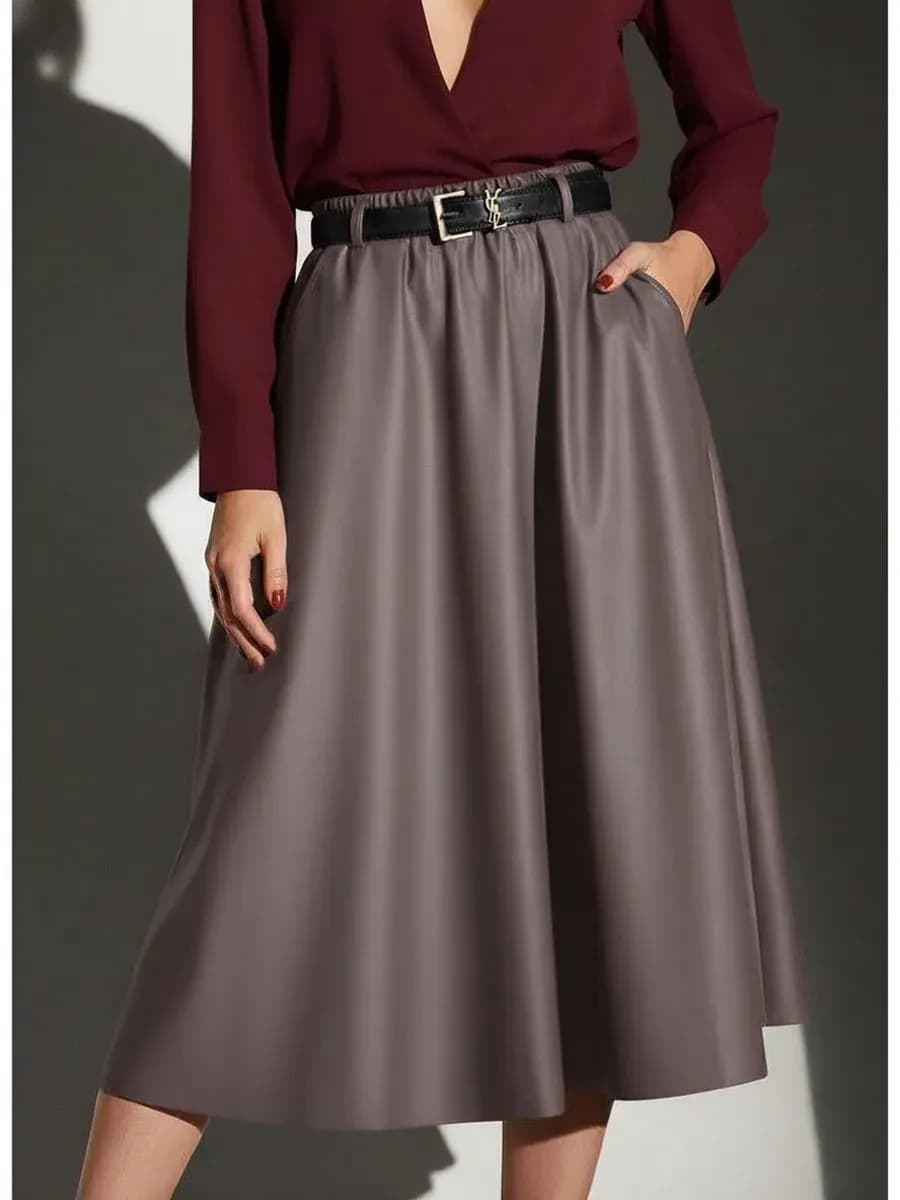 Юбка миди кожаная с карманами без начеса