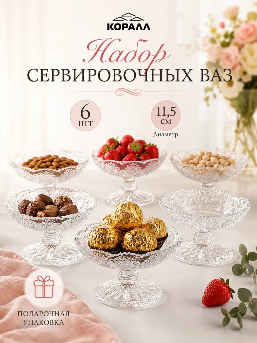 Креманки для салата для десерта стекло набор 6шт на ножке п